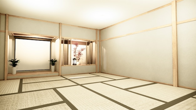 Interno camera Nihon con ripiano a parete in stile giapponese design nascosto luce. Rendering 3D