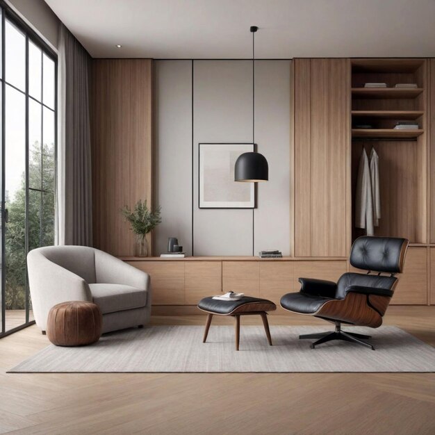 Interno con armadio in legno e poltrona rendering 3D