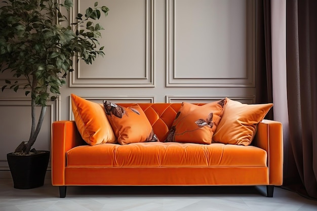 Interno con divano marrone-arancio