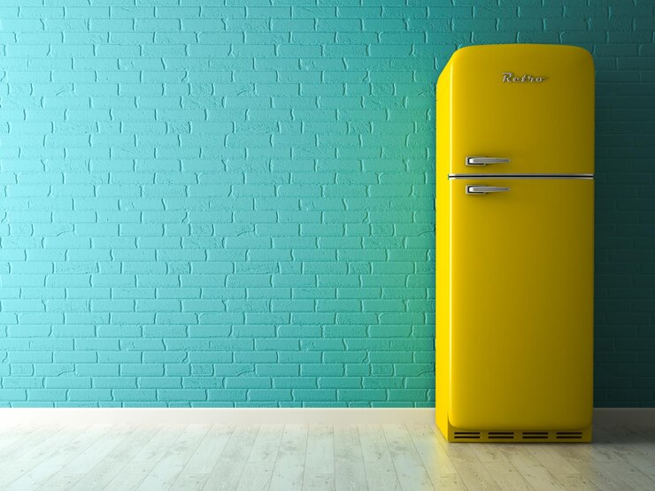 Interno con rendering 3D frigorifero giallo