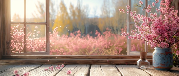 Interno con un tavolo di legno rovinato e alberi di sakura rosa all'esterno Spazio vuoto per testo di decorazione o pubblicità