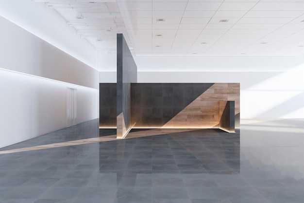 Interno contemporaneo e luminoso della sala espositiva in cemento con luce solare e ombre Concetto di museo e arte 3D Rendering