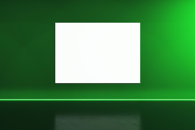 Interno creativo del palco verde con banner mock up bianco vuoto sulla parete Concetto di prestazioni e pubblicità Rendering 3D