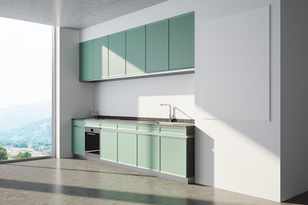 Interno cucina bianco con pavimento in cemento, ampia finestra, controsoffitti verdi e forno. Una vista laterale. Un rendering 3d poster, mock up