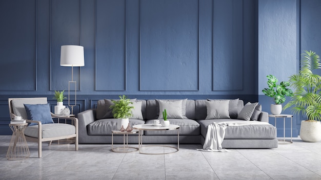 Interno d'annata moderno del salone, sofà grigio con la poltrona di legno e tavola di cofee sulle piastrelle per pavimento concrete e parete blu scuro, rappresentazione 3d