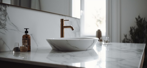 Interno del bagno bianco Piano del tavolo in marmo vuoto per l'esposizione del prodotto con interno del bagno sfocato AI generativo