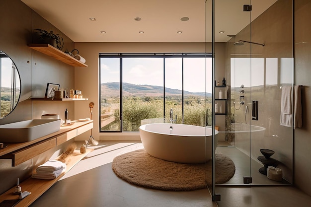 Interno del bagno con enorme vasca a specchio rotondo doccia grande vetrata con vista sulla campagna