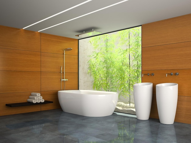 Interno del bagno con parete in legno rendering 3D