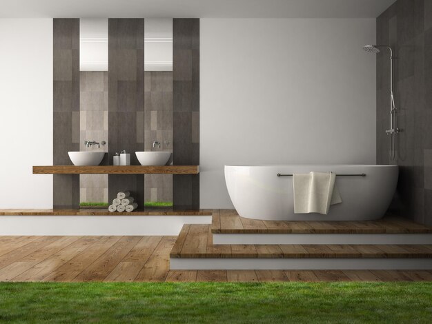 Interno del bagno con rendering 3D di erba