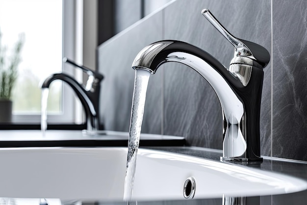 Interno del bagno con rubinetto del lavabo Aprire il lavabo con rubinetto cromato