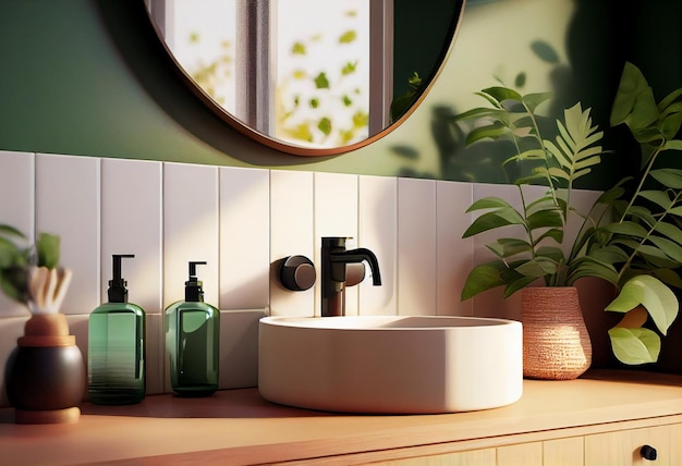 Interno del bagno con specchio rotondo su lavabo in ceramica a parete verde su ripiano in legno e piante verdi Generato AI