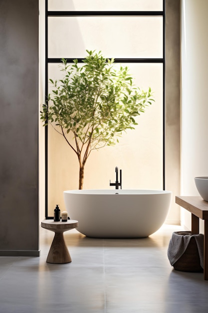 Interno del bagno con una grande vasca da bagno, un albero e uno sgabello in legno