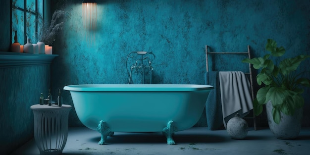 Interno del bagno decorato con parete blu e vasca da bagno