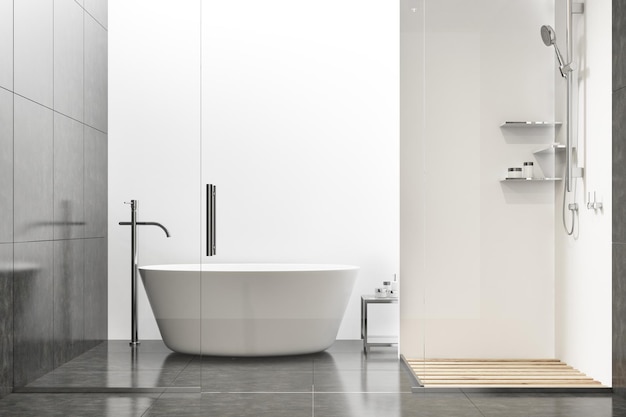 Interno del bagno in bianco e nero con pavimento piastrellato, vasca bianca rotonda e box doccia. Rendering 3d mock up