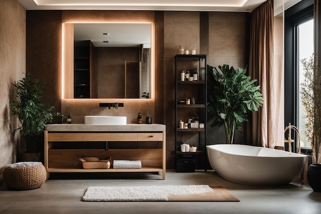 Interno del bagno in colori chiari e scuri in una casa moderna