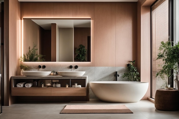 Interno del bagno in colori chiari e scuri in una casa moderna