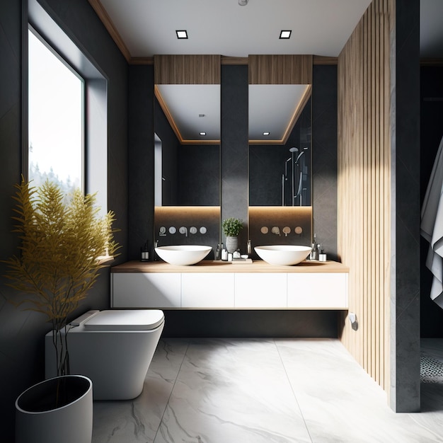 Interno del bagno in stile nordico scandinavo e minimalista con dettagli in legno ai generativo