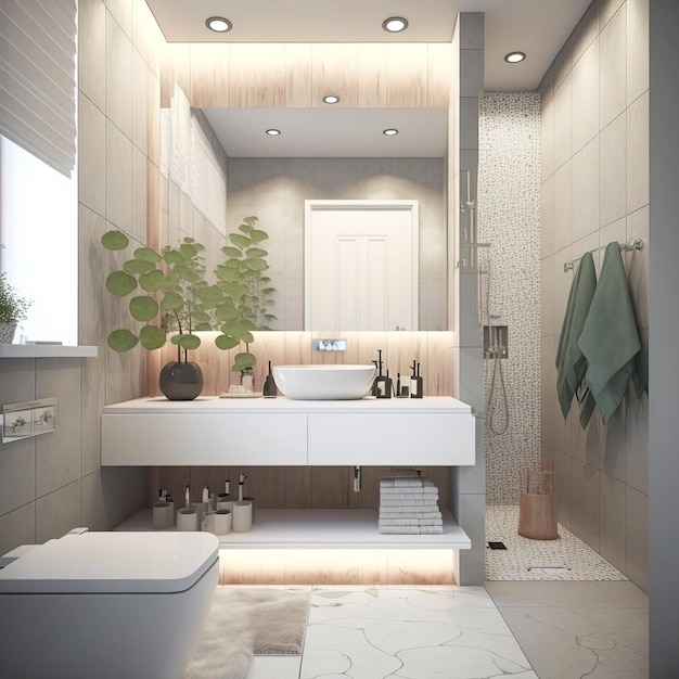 Interno del bagno in stile nordico scandinavo e minimalista con dettagli in legno ai generativo