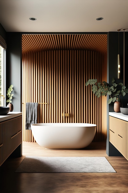 Interno del bagno in stile nordico scandinavo e minimalista con dettagli in legno ai generativo