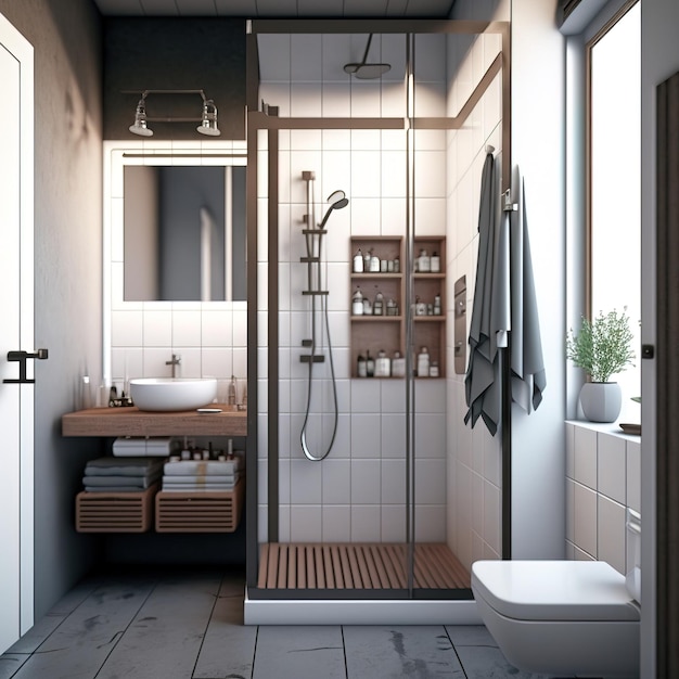 Interno del bagno in stile nordico scandinavo e minimalista con dettagli in legno ai generativo