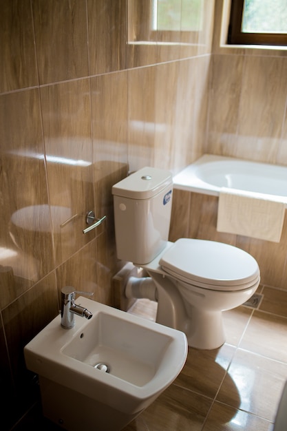 Interno del bagno - lavabo, bidet, wc, grande specchio. Le pareti sono di colore marrone chiaro.