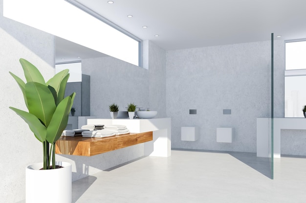 Interno del bagno moderno con pareti bianche, pavimento in cemento e legno, lavandino bianco in piedi su controsoffitto bianco e legno e due servizi igienici. rappresentazione 3d