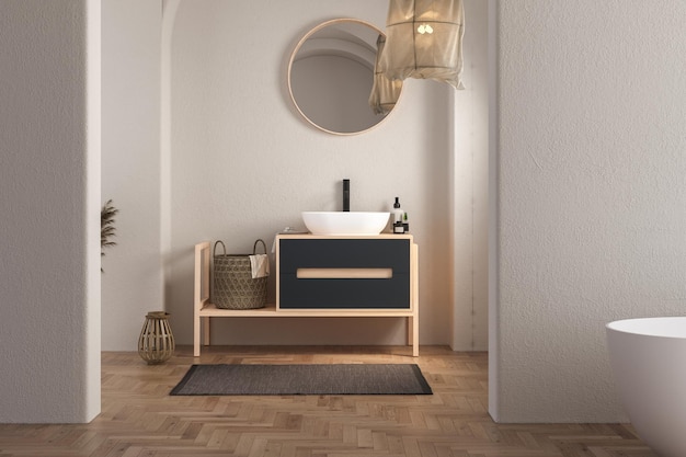 Interno del bagno moderno con pareti bianche pavimento in legno vasca da bagno piante secche lavandino bianco in piedi su piano di lavoro in legno e uno specchio ovale appeso sopra di esso rendering 3d