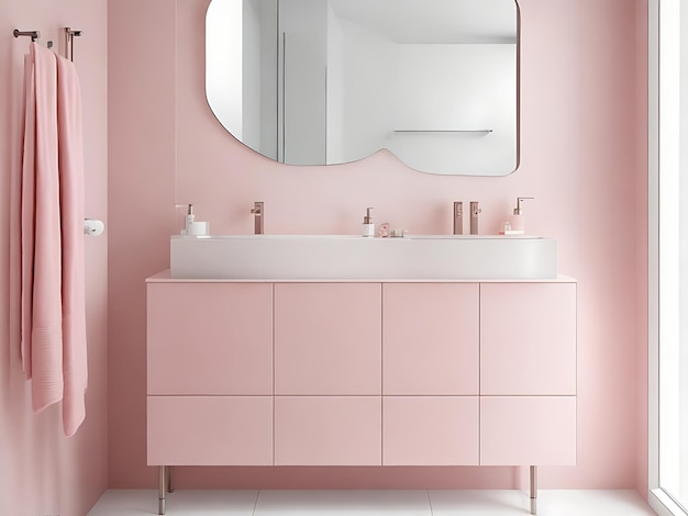 Interno del bagno moderno e minimalista e moderno mobiletto del bagno rosa