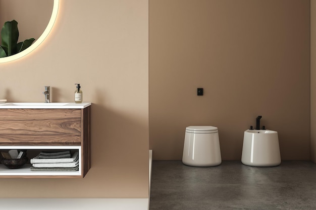 Interno del bagno moderno e minimalista, mobiletto del bagno moderno, doppio lavabo, specchio ovale, cemento