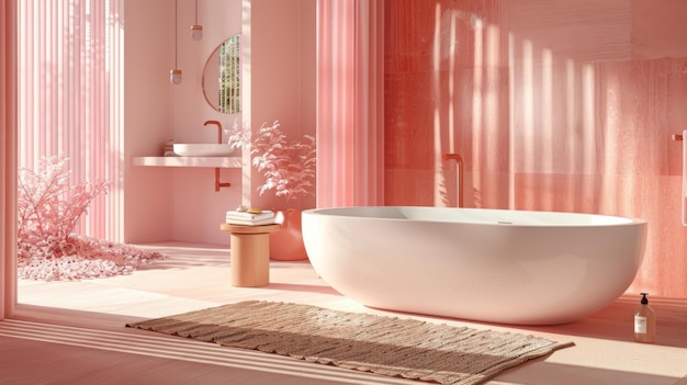 Interno del bagno rosa con una vasca da bagno bianca