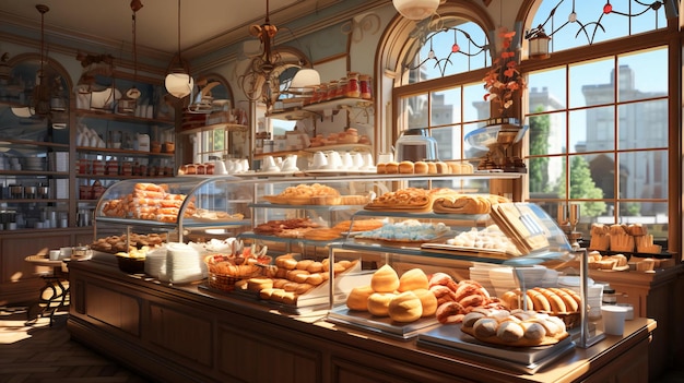 Interno del bar-panetteria con pasticcini e torte fresche