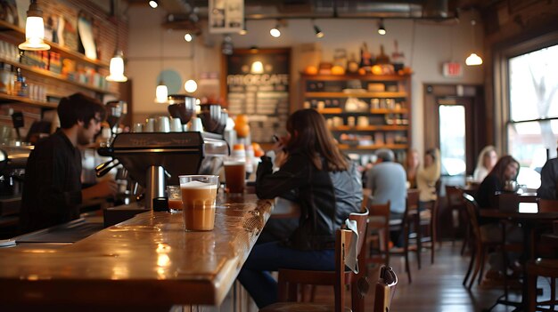 Interno del caffè con un barista e i clienti Un bancone di legno separa il barista dai clienti