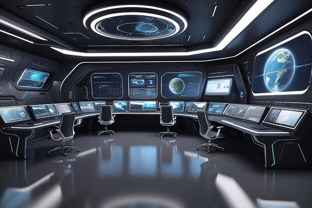 Interno del centro di comando futuristico moderno vuoto renderizzato in 3D