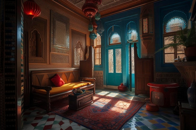 Interno del colorato riad marocchino creato con l'intelligenza artificiale generativa