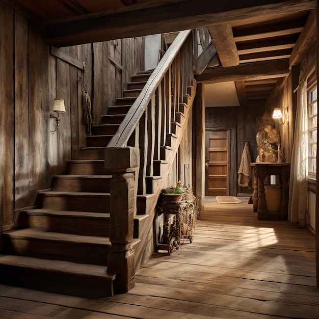 Interno del corridoio di una casa rustica con scale in legno