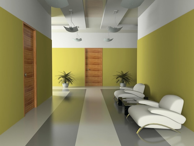 Interno del corridoio nel rendering 3D dell'ufficio