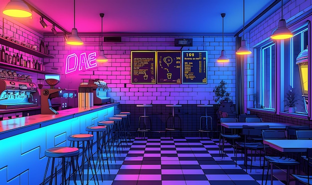 Interno del Cyberpunk Cafe con camerieri robotici Menu olografici Steamp Layout Design Concept VR