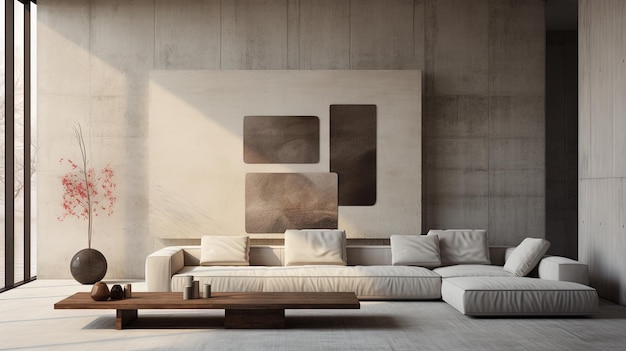 Interno del loft con divano in design moderno Divano nella stanza contemporanea con pareti in cemento