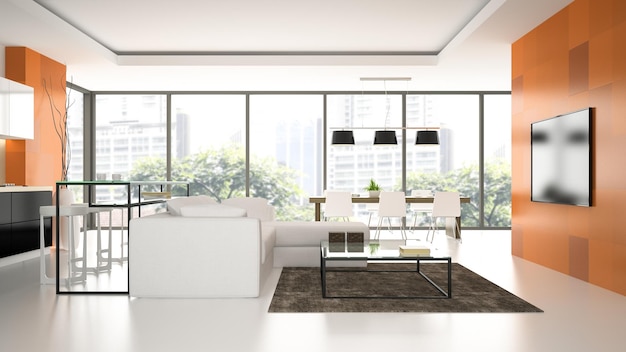 Interno del loft dal design moderno con rendering 3D a parete arancione