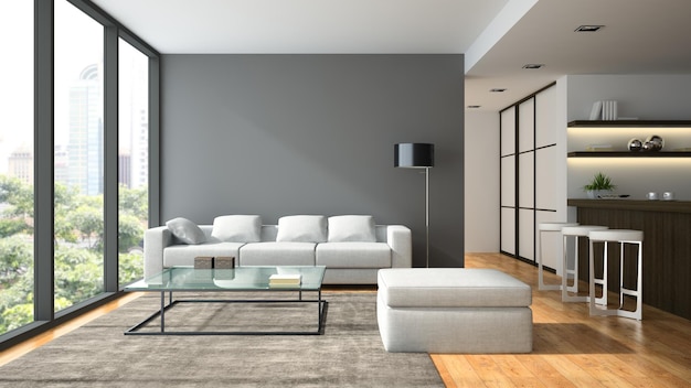 Interno del loft dal design moderno con rendering 3D lampada nera