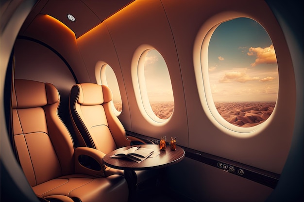 Interno del lussuoso jet privato con sedili in pelle Generative Ai