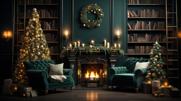 Interno del lussuoso soggiorno art déco con decorazioni natalizie in verde e oro Camino ardente, ghirlande, ghirlande e candele, eleganti confezioni regalo per albero di Natale, comode poltrone, libreria