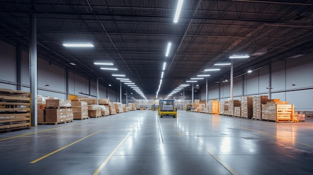 Interno del magazzino AI generativo con parte del centro commerciale di distribuzione degli edifici del settore dell'illuminazione a LED