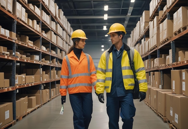 Interno del magazzino di distribuzione con lavoratori che indossano caschi e giacche riflettenti che camminano nel magazzino