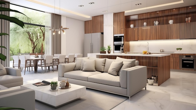 Interno del moderno soggiorno e cucina con comodo divano e tavolino Ai Generato