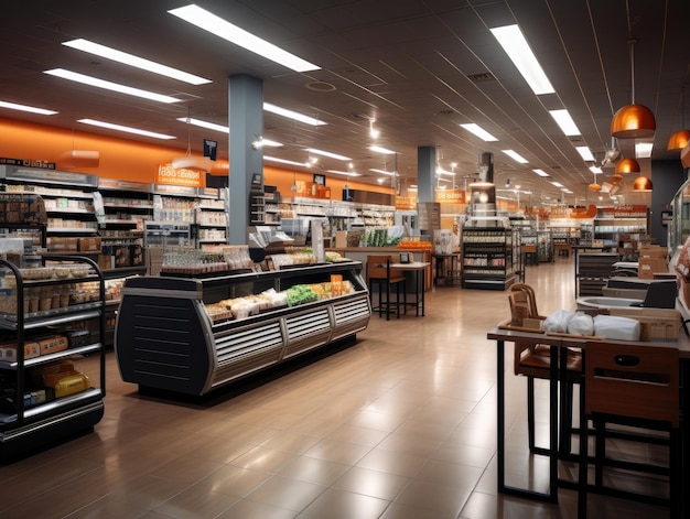 Interno del negozio di supermercati con scaffali e vetrina in vetro un lungo corridoio lungo il percorso e lampadine sul soffitto IA generativa