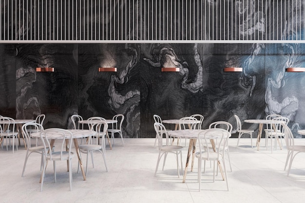Interno del ristorante con pareti in marmo nero con pavimento in legno, tavoli rotondi e sedie bianche. Rendering 3d mock up