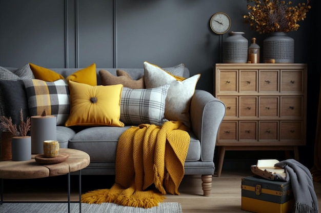 Interno del soggiorno boho con divano grigio tavolo da caffè in legno comodino ed elegante