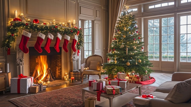 Interno del soggiorno con camino albero di Natale e regali Generativo Ai