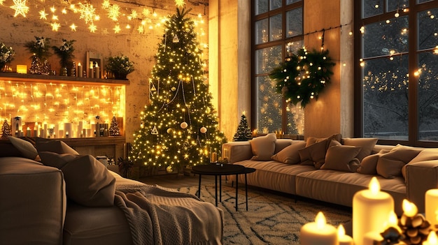 Interno del soggiorno con divani con albero di Natale e luci scintillanti Generative Ai